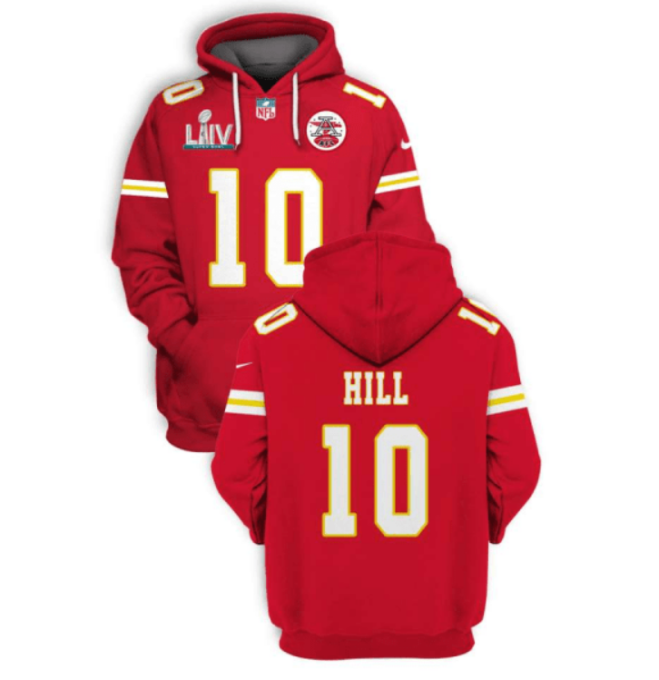 Men's Kansas City Chiefs #10 Tyreek Hill Red 2021 Super Bowl LIV Pullover Hoodie